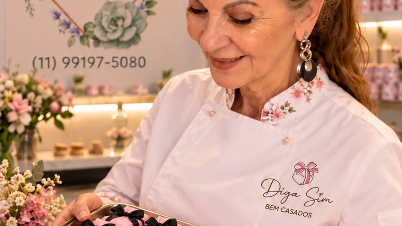 Ana embalando bem casados na bancada da produção, com unidades abertas ao lado