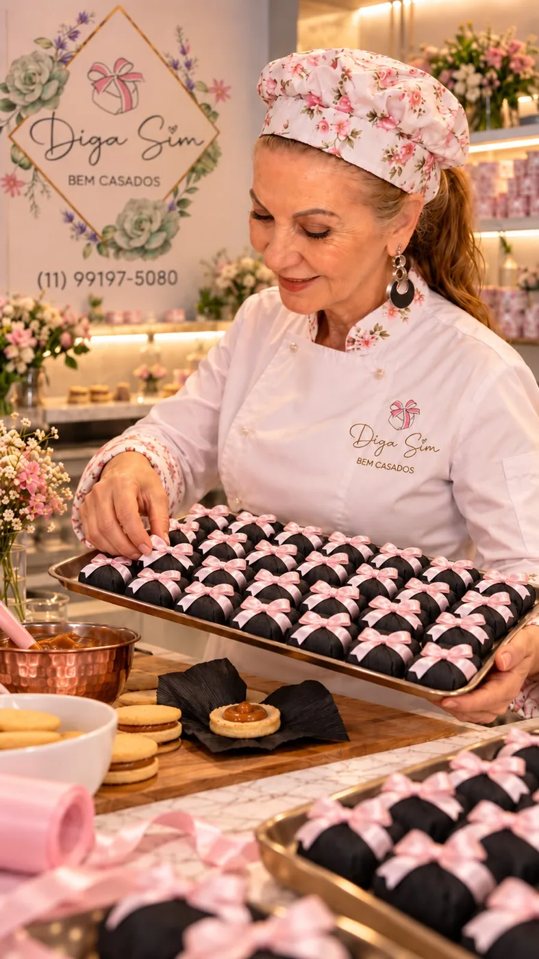 Bem casados abertos e unidades embaladas em papel preto com fita rosa claro